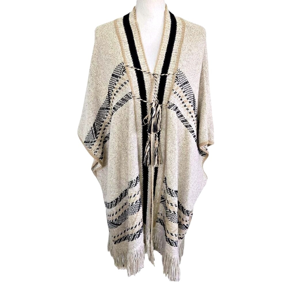 Lucky Brand Boho Knitted Shawl Wrap Women's Native Tassel Tie Chunky Fray Hem ML